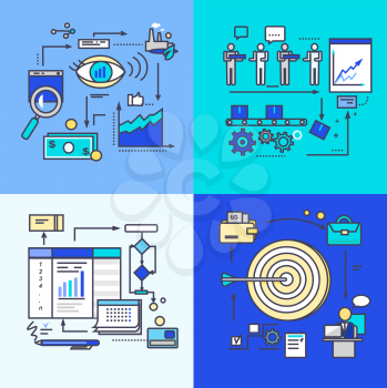 Vision development, progress and workflow goal. Business strategy, process management and develop, efficiency analysis control, organization growth professional company. Set of thin, lines flat icons