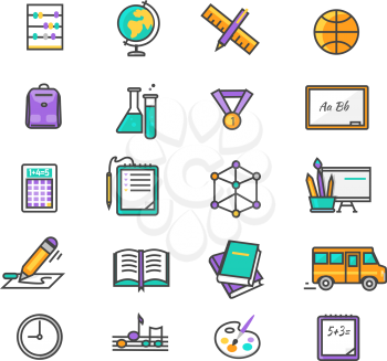 Set of thin lines, outline icons education back to school. Items for study ruler, pencil, bus, backpack, computer, flasks, globe on white background. For web and mobile applications 