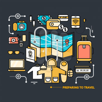 Preparing to travel. Necessary items for the journey. What to pack.  Thin, lines, outline icons for web design, analytics, graphic design and in flat design on black color background