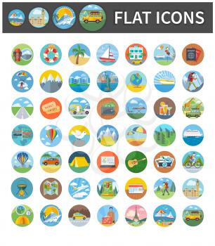 Set circle colorful icons of traveling, summer vacation, tourism and journey. Items in flat design. Different types of travel. Per click internet advertising in flat design 