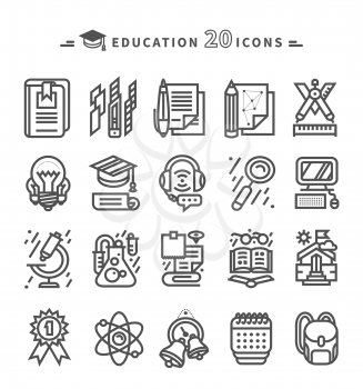 Set of black education thin, lines, outline icons. Items for study ruler, pencil, microscope, backpack, computer, flasks, glasses on white background. For web and mobile applications 
