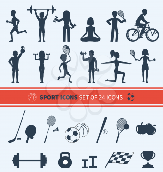 Icons set of man and woman doing warm-up and exercises with kettlebell, barbell and dumbbells. People jogging, practising yoga, playing basketball and tennis black icons