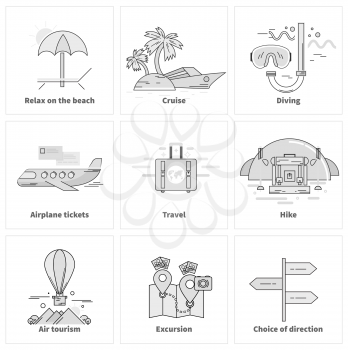 Set of thin lines black icons on white. Traveling, summer vacation, journey. For web site construction, mobile applications, banners, corporate brochures book covers layouts