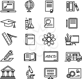 Set of black education thin, lines, outline icons. Items for study ruler, pencil, microscope, backpack, laptop, palette, diplome on white background. For web and mobile applications 