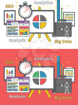 Stand with charts and parameters. Business concept of analytics. Analysis big data seo in flat design. Can be used for web banners, marketing and promotional materials, presentation templates 