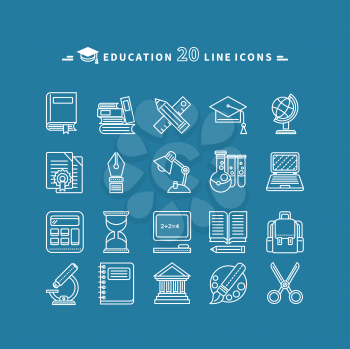 Set of white education thin, lines, outline icons. Items for study ruler, pencil, microscope, backpack, computer, palette, glasses on blue background. For web and mobile applications 