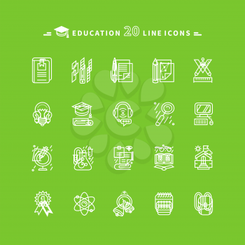 Set of white education thin, lines, outline icons. Items for study ruler, pencil, microscope, backpack, computer, flasks, glasses. For website and mobile applications 