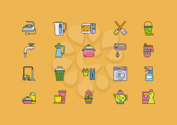 Set of thin, lines, outline, strokes icons. Cooking tools, kitchenware equipment, food preparation elements, home appliance, microwave, iron, kettle, blender. For web and mobile applications 