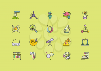 Set of colorful science thin, lines, outline, strokes icons. Symbols of different sciences tube, spiritlamp, bulb, magnet, microscope, telescope on green background. For web and mobile applications 