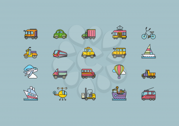 Set of colorful transport thin, lines, outline, strokes icons. Different kinds of transport airplane, bicycle, train, automobile, balloon, ship, sailboat on grey background. For web and mobile applica