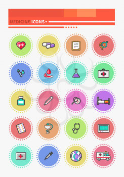 Medicine thin, lines, outline icons. Items for medical care, medicines tools, results of the survey badges. Medicine, medical icons, health icon, medicine bottle, medicine symbol, doctor icon