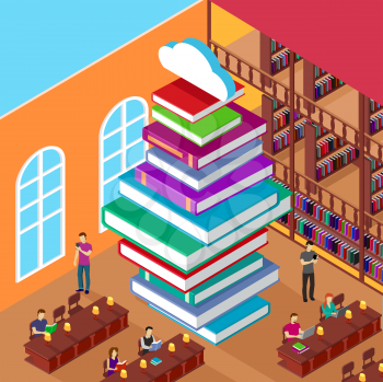 Isometric library. Stack books. Concept knowledge. Education and study, learn university, people read, shelf and heap literature, reading and reader illustration