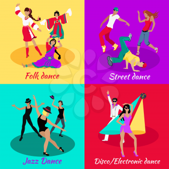 Set street folk dance jazz disco. Dancing music, event party, people boy and girl, art show performance, sound lifestyle, musical nightlife illustration in flat design