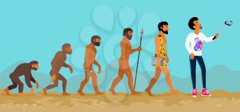 Concept of human evolution from ape to man. Development progress, primate growth, ancestor and mankind, caveman and neanderthal, mammal generation illustration. Man doing selfie with monopod