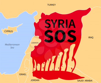 Syria country map silhouette in blood red color with the words Syria SOS. War victim immigration. Civil war in Syria. Syrian refugees in the form of blood. Syrian crisis emigrants. Syria refugee. 