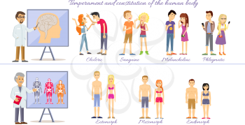 Set temperament of people and constitution of body. Sanguine and choleric, phlegmatic and melancholic, constitution mesomorph and ectomorph, endomorph human illustration