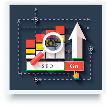 SEO icons poster on white. Pictogram websites and mobile applications. Search engine optimization. SEO optimization, programming process and web analytics elements in flat design. Monitoring, traffic