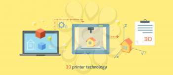 3D printer technology icon flat design. Future manufacturing, innovation prototype machine, product print on computer, process tech printing model, smart engineering illustration