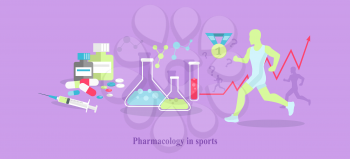 Pharmacology in sport icon flat isolated. Medical supplement,  medicine tablet vitamin, health food capsule, amino acid, healthcare pharmacy, training and injection illustration