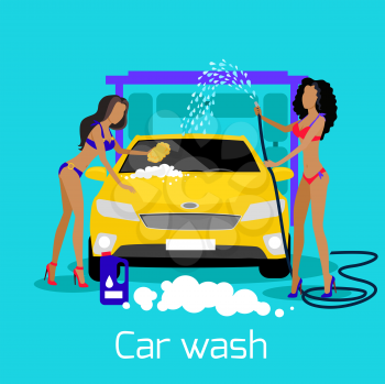 Girl car wash flat concept icon. Auto service clean, cleaning and washing, automobile and water, shower automotive, transport and transportation illustration