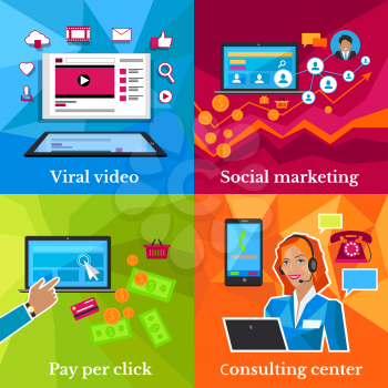 Social marketing, consulting center concept. Pay per click, viral video, online technology, service communication, support call, consultant internet operator illustration