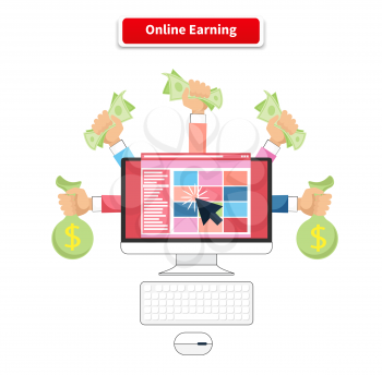 Icon flat style concept online earning. Business money, finance internet, payment income, financial commerce with computer, profit dollar illustration
