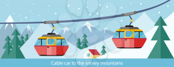Cable car to snowy mountains design. Ski lift, trolley car, transportation tourism, travel cabin, snow winter, vacation and ropeway, elevator outdoor aerial illustration