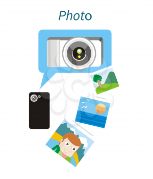 Photo concept flat design style. Photo frame, camera and photography, picture and photo album, photo icon, technology device, equipment illustration