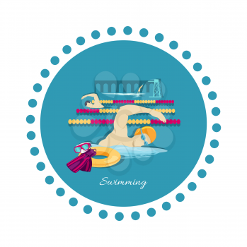 Swimming sport concept icon flat design. Water swim crawl in pool, man fitness, health athlete, swimmer and competition, person sportsman, professional activity illustration