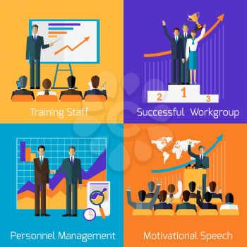 Business training set. Succefull motivational managment.  Workgroup personnel speech motivation, success leadership, strategy education, goal and learn knowledge, career illustration