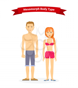 Mesomorph body type woman and man. People health, athletic male, fitness physique, muscular figure, healthcare person human, guy man bodybuilding illustration
