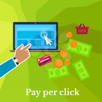 Pay per click internet advertising model when the ad is clicked poster. Modern flat design. Ppc, search engine marketing, online advertising, social media, click, sem. Hand click on monitor