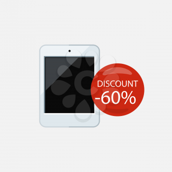 Sale of household appliances. Electronic device with red bubble discount percentage. Sale badge label flat style. Book, ereader, ebook icon, ebook reader, kindle, tablet, ebook cover, library