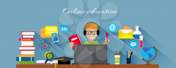 Online education flat design concept. Online learning, e-learning and online training, webinar and online class, internet web technology, book and computer, knowledge media illustration