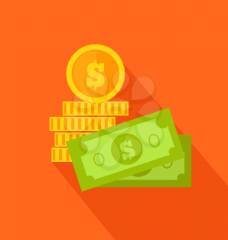 Coins and banknotes flat design on background. Dollar and money icon, finance cash, wealth currency, financial treasure, stack golden penny, income jackpot illustration