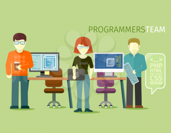Programmers team people group flat style. Programming and computer programmer, development and code, computer and programming code, internet web, coding technology illustration
