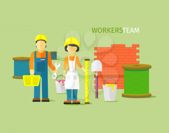 Workers team people group flat style. Work and construction worker, group of workers, employees and teamwork, person professional engineer illustration