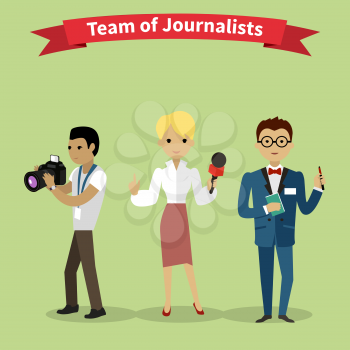 Journalists team people group flat style. Report and press, writer and interview, media news, news reporter, professional and camera, character reporter, journalism illustration