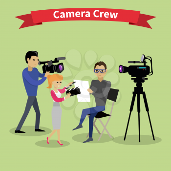 Camera crew team people group flat style. Film crew, camera man, tv crew, video camera, television teamwork, recording movie, production studio illustration