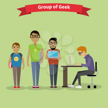 Geek group team people flat style. Nerd and computer geek, geek glasses, hipster and computer nerd, gamer and corporate work, teamwork and brainstorm illustration