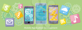 Mobile application development flat design. Mobile apps, mobile technology, mobile phone, mobile devices, web technology, internet app, business phone illustration