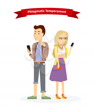 Phlegmatic temperament type people. Serious man and woman, medical and emotion, individuality and calm, individual mental, focused emotional illustration
