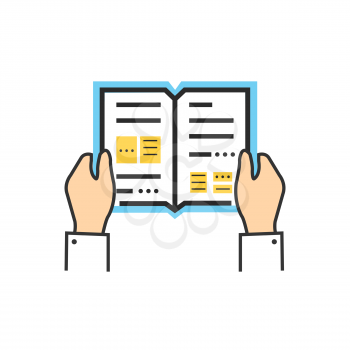 Reading book encyclopedia textbook icon flat. Reading book, man reading book. Book reader sign icon. Person reading book. Read book isolated icon. Hands hold book. Reading book vector illustration
