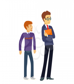 Group of students. College students, group of students, school,  education, graduation, teacher, study. Two male teenage student thinking. University students isolated. Cute and simple flat cartoon