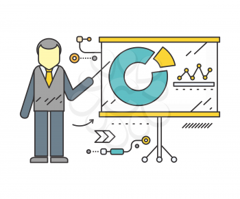 Stand with charts and parameters. Business concept of analytics. Poster banner on white background. Presentation and analysis, rating and performance indicators. Man near stand. Data analysis