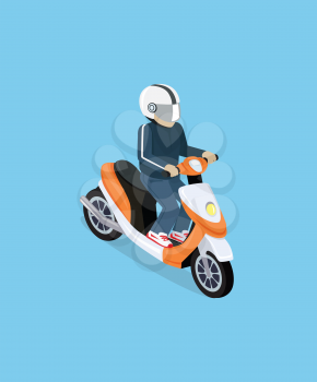 Flat 3d isometric motorcyclist on motorcycle. Motorbiker with motorcycle. Isometric motorcycle. Motorcycle isometric motor bike. Detailed illustration of isometric scooter. Isometric biker top view