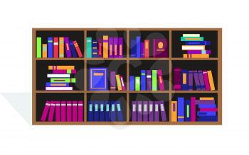 Large bookcase with different books. Bookcase full of books cartoon. books on bookshelves. Bookcase in library. Library scene bookcase in flat design style. Isolated bookcase Vector illustration