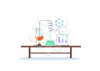 Biology laboratory workspace and science equipment concept. Medical laboratory. Chemistry laboratory workspace and science equipment concept. Laboratory research. Flat design vector illustration