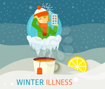 Winter illness season people design. Cold and sick, virus and health, flu infection, fever disease, sickness and temperature, unwell and scarf illustration. Infected infographic. Illness concept