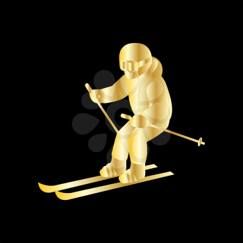 People skiing flat style design. Skis isolated, skier and snow, cross country skiing, winter sport, season and mountain, cold downhill, recreation lifestyle, activity speed extreme. Gold on black